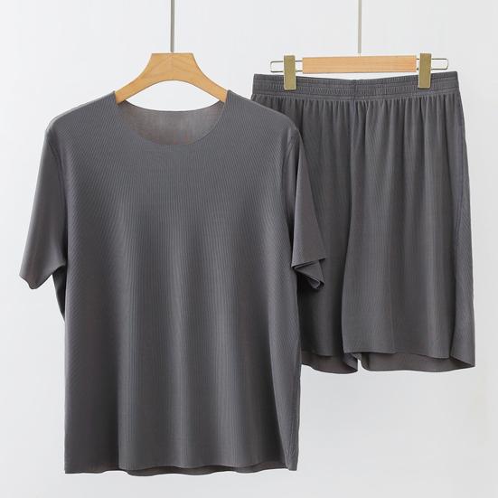 

2 шт./компл., мужская одежда для дома, топы с короткими рукавами и круглым вырезом, эластичная талия, широкие шорты, комплект, сплошной цвет, домашняя одежда из ледяного шелка, бесшовный пижамный комплект L серый