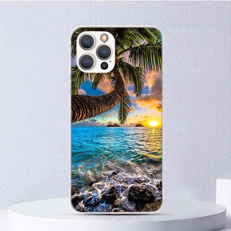 Sommer Strand Sonnenuntergang Meer Palme Weiche Hülle Für iPhone 16 17 Air 16E 15 Plus 11 12 13 Mini 14 Pro Max Handyhülle Apple 7 8 SE C