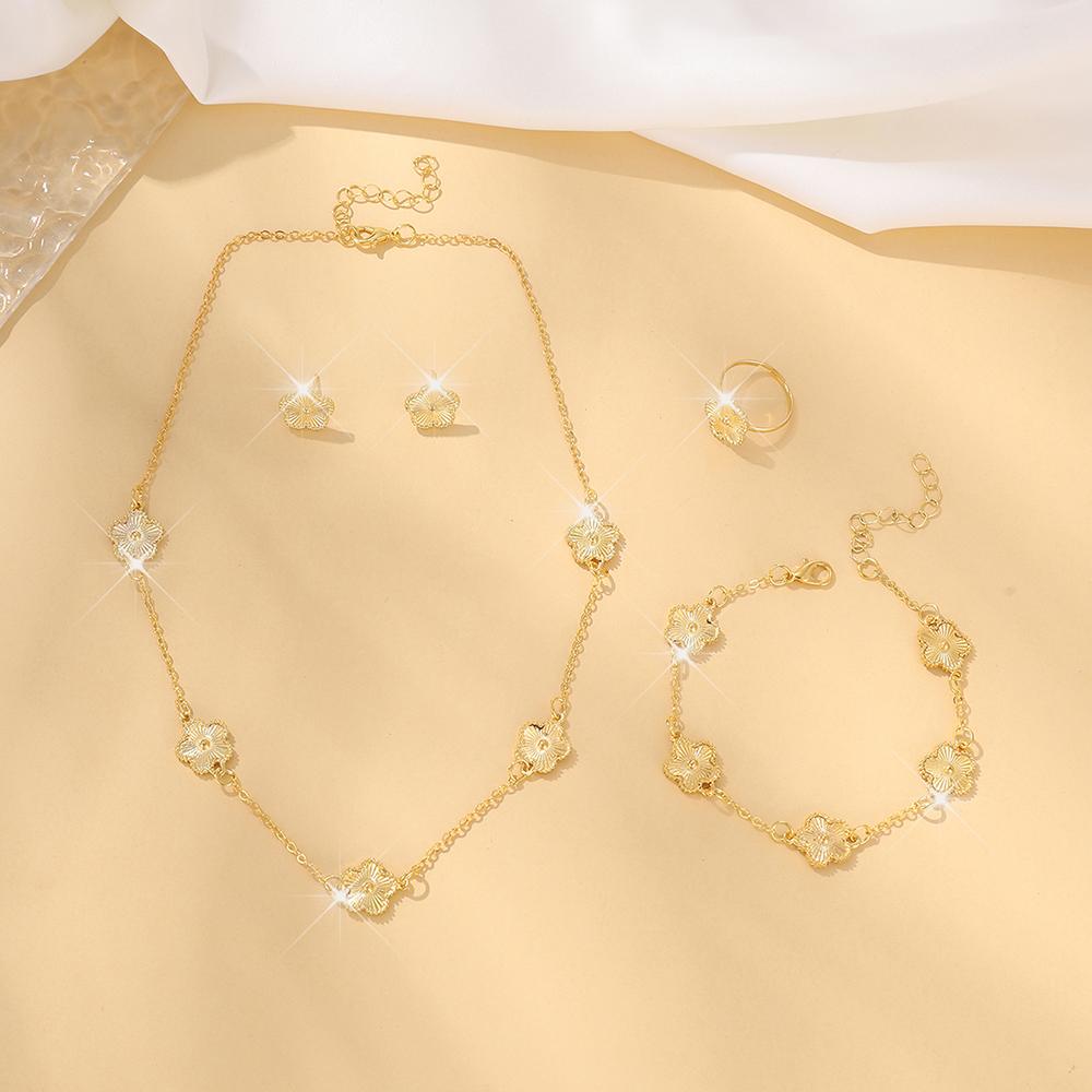 5-piece Fashionable and Elegant Gold Floral Decoration Zircon Earrings Necklace Bracelet Ring Combination