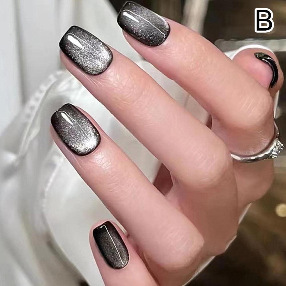 24PCS Cat Eye Short False Nails Reusable Glitter Fake Nails Fake Nail Sweet Almond False Nails For Women DIY Manicure