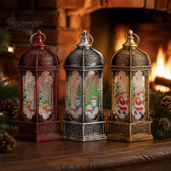 Decorative Holiday Desk Lamp Hexagon Christmas Lantern, LED Vintage Glowing Tabletop with Painted Night Light Scene, Flameless Candle for Bedroom And