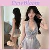Blue 3d Mesh Strapless Top With Backless Design For Summer Beach Vacation