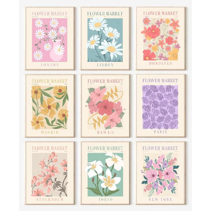 Flower Market Posters Set of 9, Minimalist Wall Art Prints, Vintage Flower Pictures, Abstract Canvas Colorful Floral Painting for Living Room,