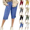 European & American Cotton Linen Casual Pants with Elastic Waist and Pockets, 7/8 Length, Pure Color.