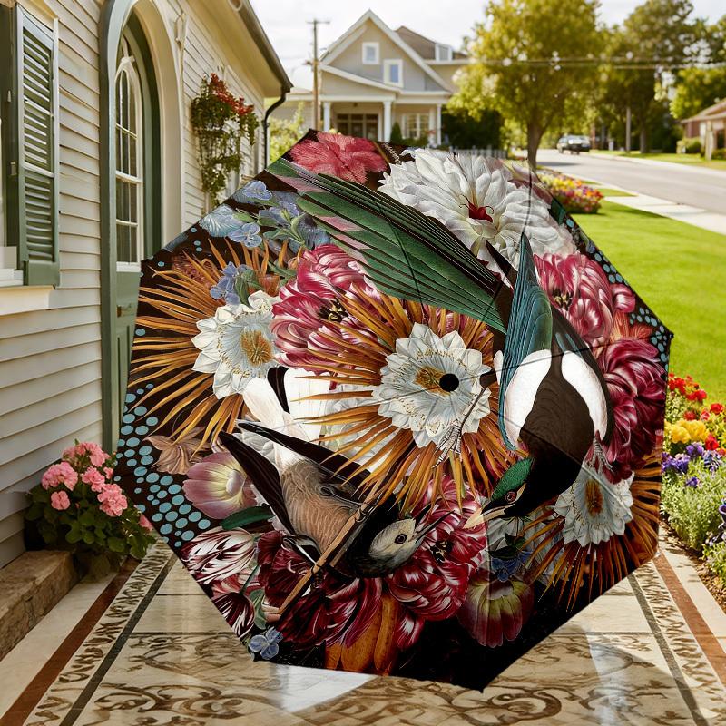 1pc Floral Birds Automatic Folding Umbrella, Heavy Duty 8 Rib Iron Frame,  Suitable for Travel, Daily Use, Birthday, Decor Gift M0104037