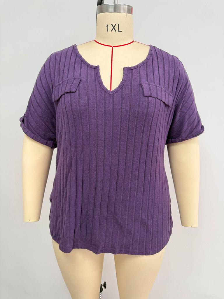 2026 Spring/Summer Plus Size Women's V-Neck Short Sleeve Solid Color Pullover T-Shirt