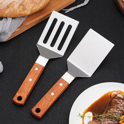 Bratspatel-Set aus Edelstahl mit Holzgriff, hitzebeständig, massiver Pfannenwender, antihaftbeschichtet, Schlitzspatel zum Braten, Backen, Wenden und Drehen