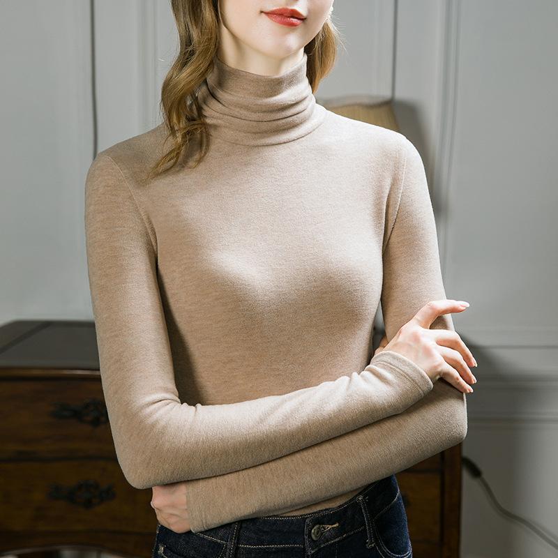 Pile collar bottoming shirt women's cashmere silk autumn and winter new women's clothing with German velvet heating and warm top women's