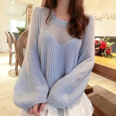 Modny dzianinowy sweter luźny damski elegancki casualowy prosty z długim rękawem typu lampion słodki ażurowy sweter jesień ubrania damskie