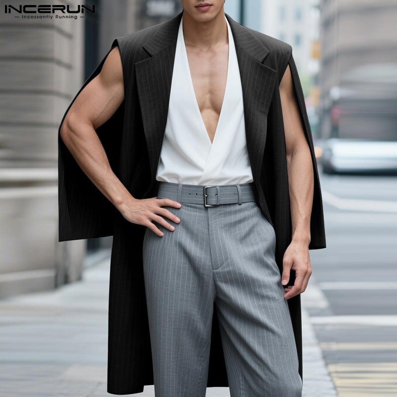 INCERUN Oversized Men Lapel Sleeveless Striped Patchwork Layers Thin Blazer Casual Long Coats