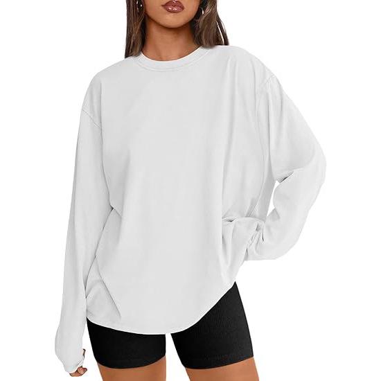 Camiseta de Manga Larga Holgada de Seda de Leche para Mujer Europea y Americana con Cuello Redondo