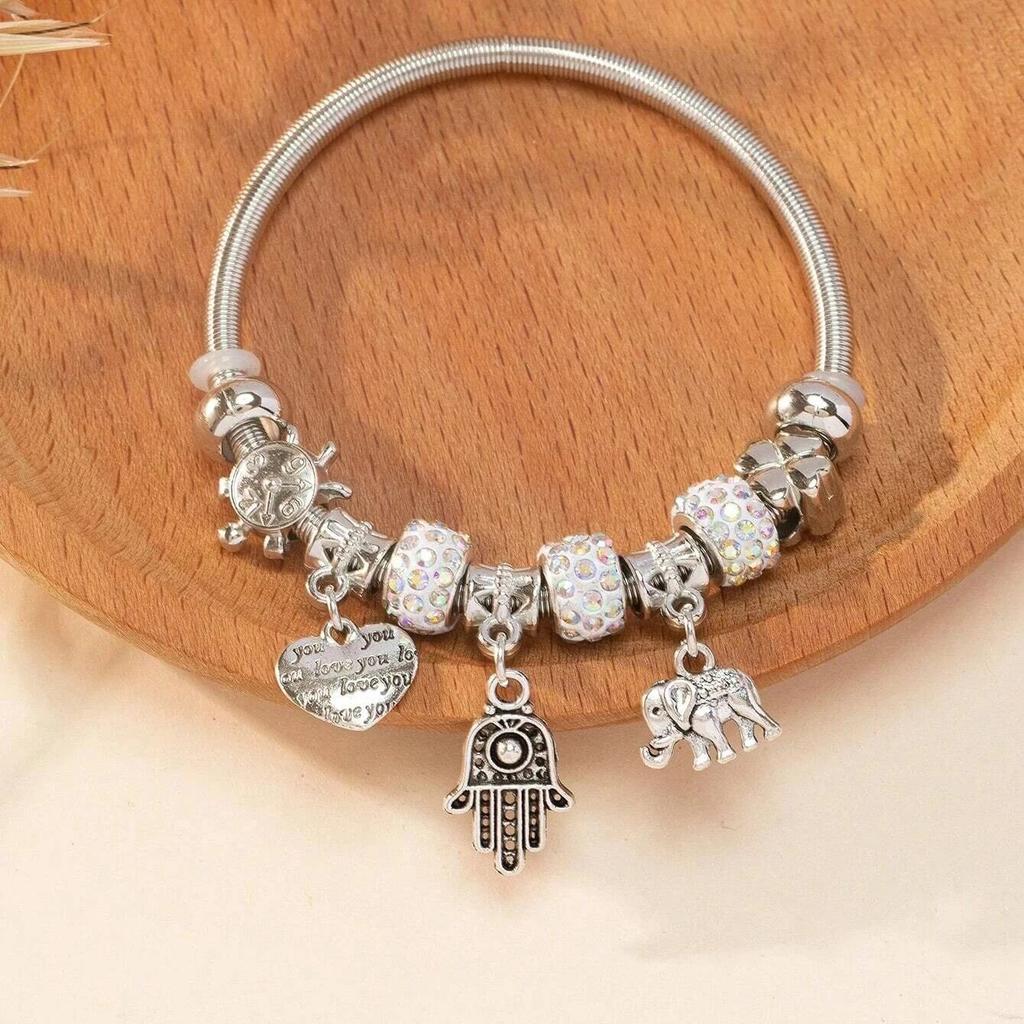 Obega Key Lock Crown Charm Bracelet Pink Glass Beads Elephant Bear Fatima Hand Clock Charm Bracelets Women Jewelry Love Gift