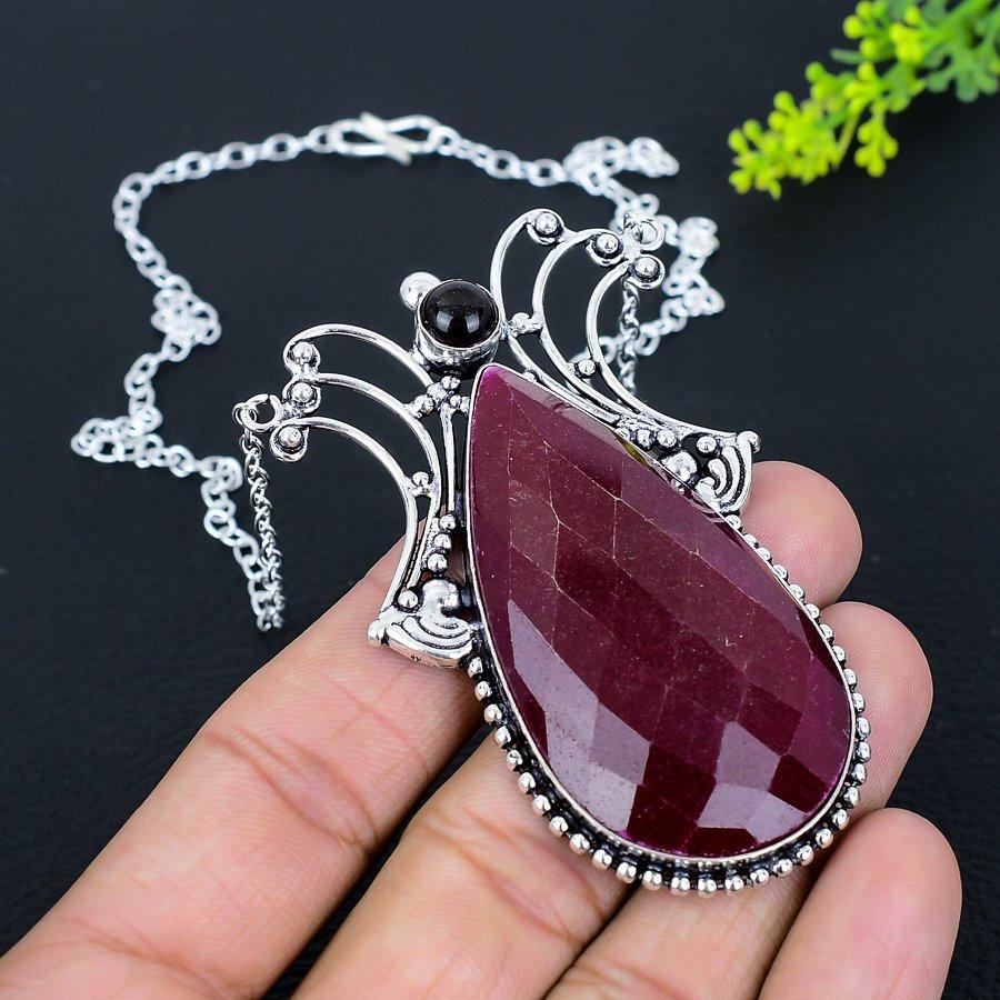 Rubin Naturalny Onyks Kamień Szlachetny Ręcznie robiony Srebro Sterlingowe 925 Naszyjnik 18" S2M19