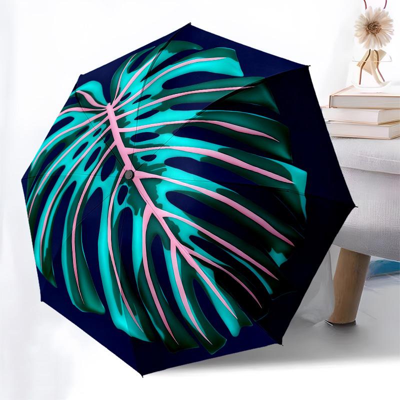 1pc Monstera Leaf Pattern Automatic Folding Umbrella, Heavy Duty 8 Rib Iron Frame,  Suitable for Travel, Daily Use, Birthday, Decor Gift  73