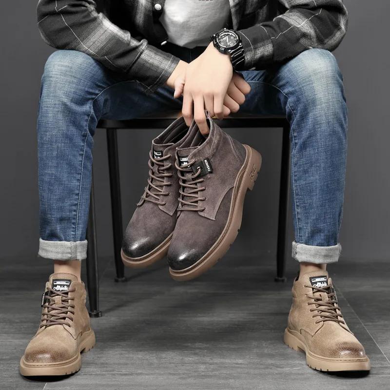 New Shoes for Men Genuine Leather Ankle Boots Autumn Fashion High Tops Leather Casual Shoes Cool Work Shoes Winter Plush Boots