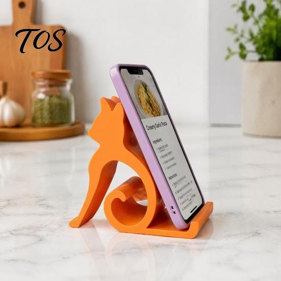 Minimalist Phone Holder Cute Cat Stand, Curled Tail Kitty Desk for Cell Black Dock Tablet, 3D Printed Universal Stand Office Bedroom, Gift Lovers