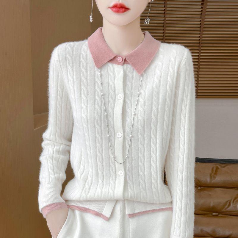 Spring and Autumn Women's Color-Block Cardigan Sweater Collared Loose Soft Knit Cardigan Top