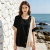 Women Tops Crew Neck Short Sleeve Pullover Tops with Irregular Ruffle Hem Block Design Buttons Decor Loose Fit Versatile Blouse