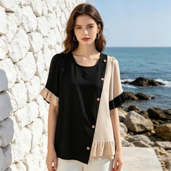 Women Tops Crew Neck Short Sleeve Pullover Tops with Irregular Ruffle Hem Block Design Buttons Decor Loose Fit Versatile Blouse