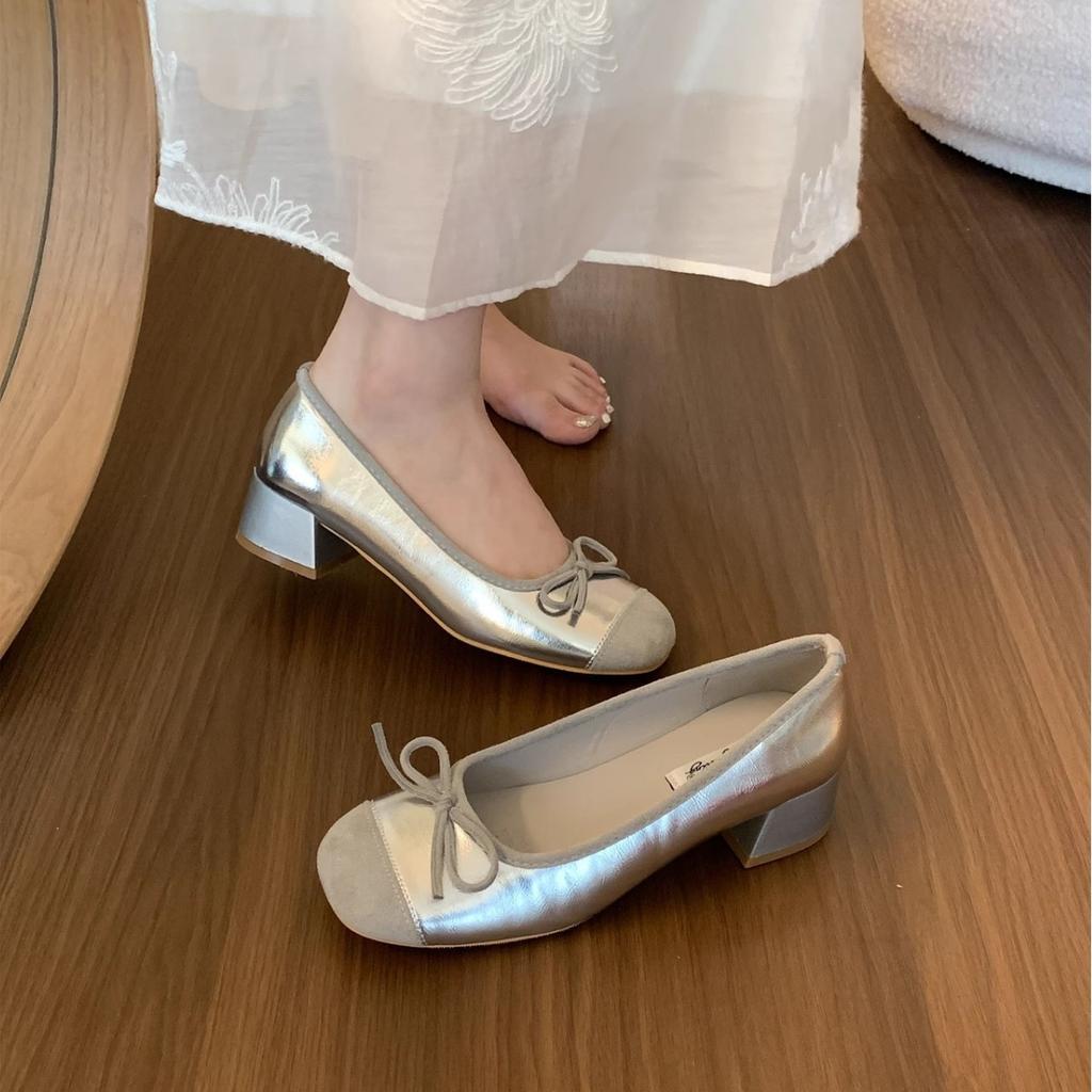 Xiaoxiangfeng Light Mouth Silver Single Shoes Spring and Summer French with Skirt Red Evening Grandma Shoes Gentle Thick Heel High Heels