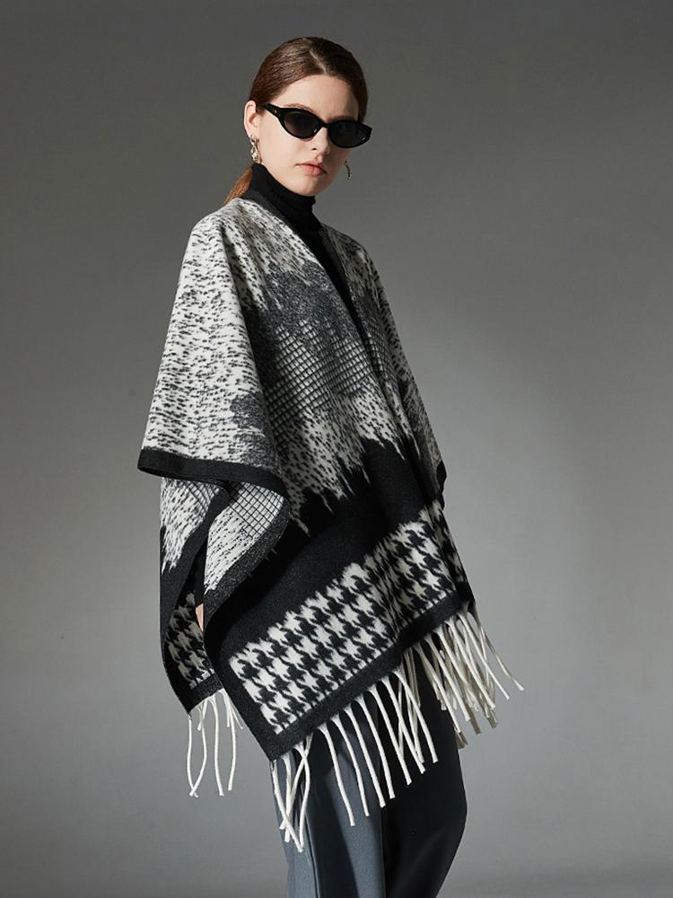 Winter Scarf Women Layers Poncho Elegant Wool Houndstooth Print Tassel Wraps Shawl Scarve Capa Para Pashmina Cloak High Quality