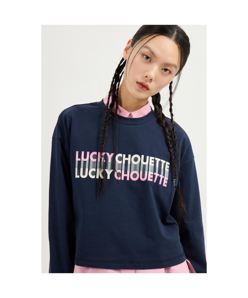 LUCKY CHOUETTE Printed Cropped Long-Sleeved T-Shirt (Dark Navy) Lftas25170Nyd