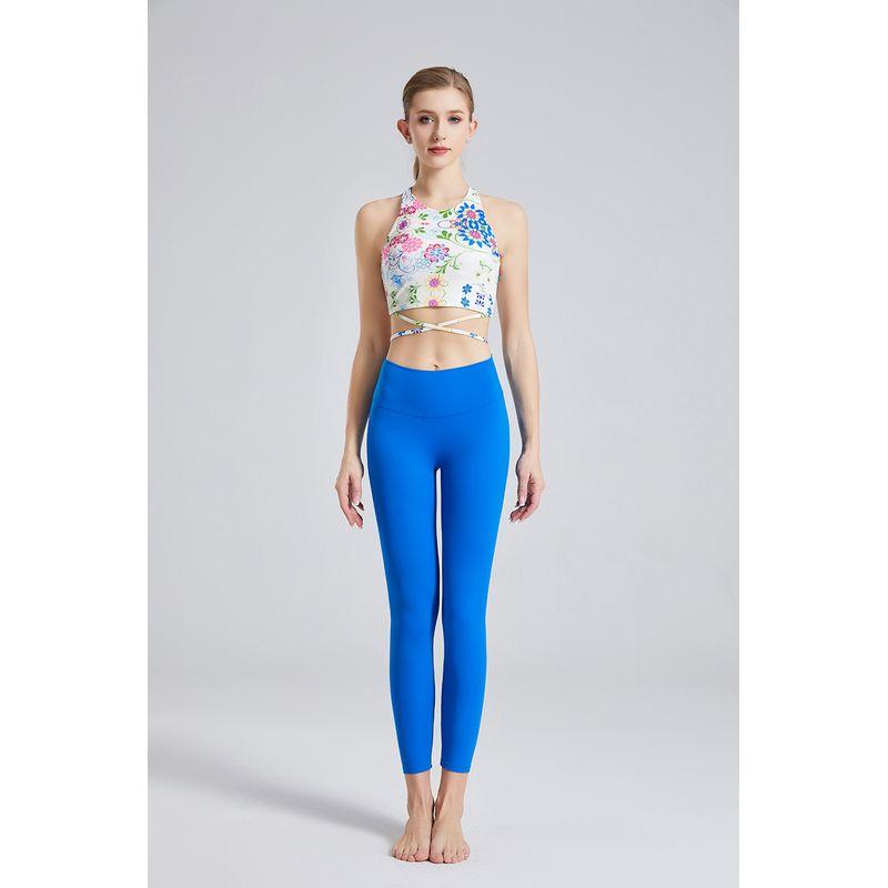 

2024 Print Nude Feel National Style Yoga Clothes Set Women Including Chest Pad High Elastic Sweat pants Fitness Dance Two-piece Set Chinese Fad Blue and Flower Print Suit L