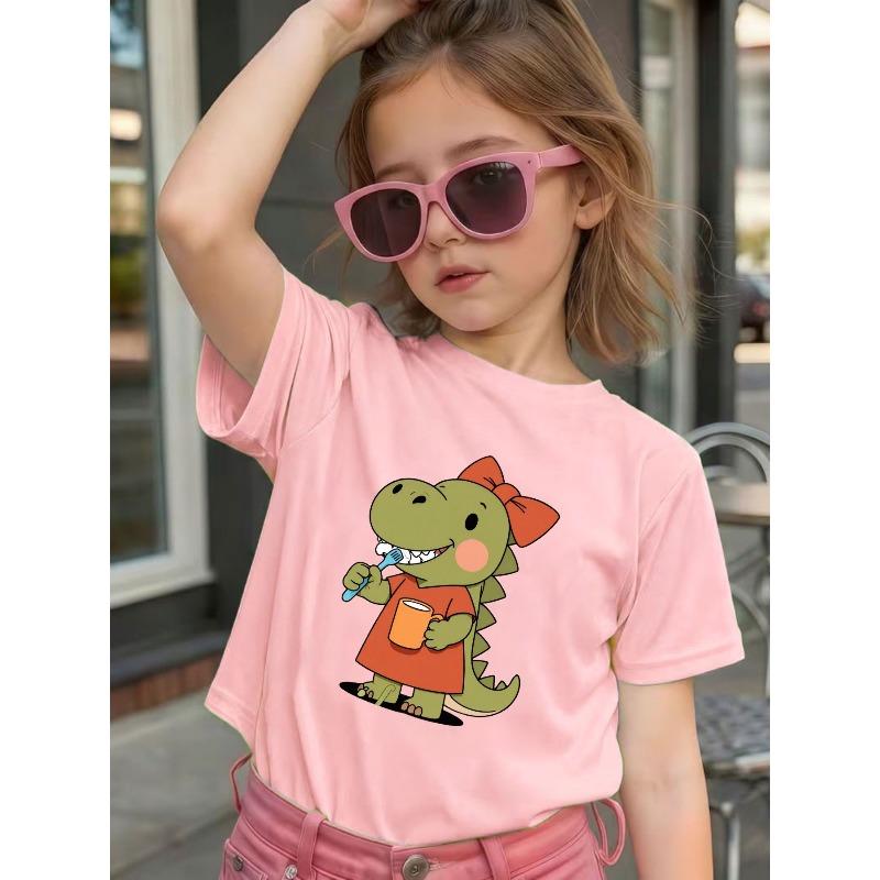 Girls Cartoon Dinosaur Brushing Teeth Drinking Tea Print Orange Short Sleeve Dress, Cute Daily Casual Outfit