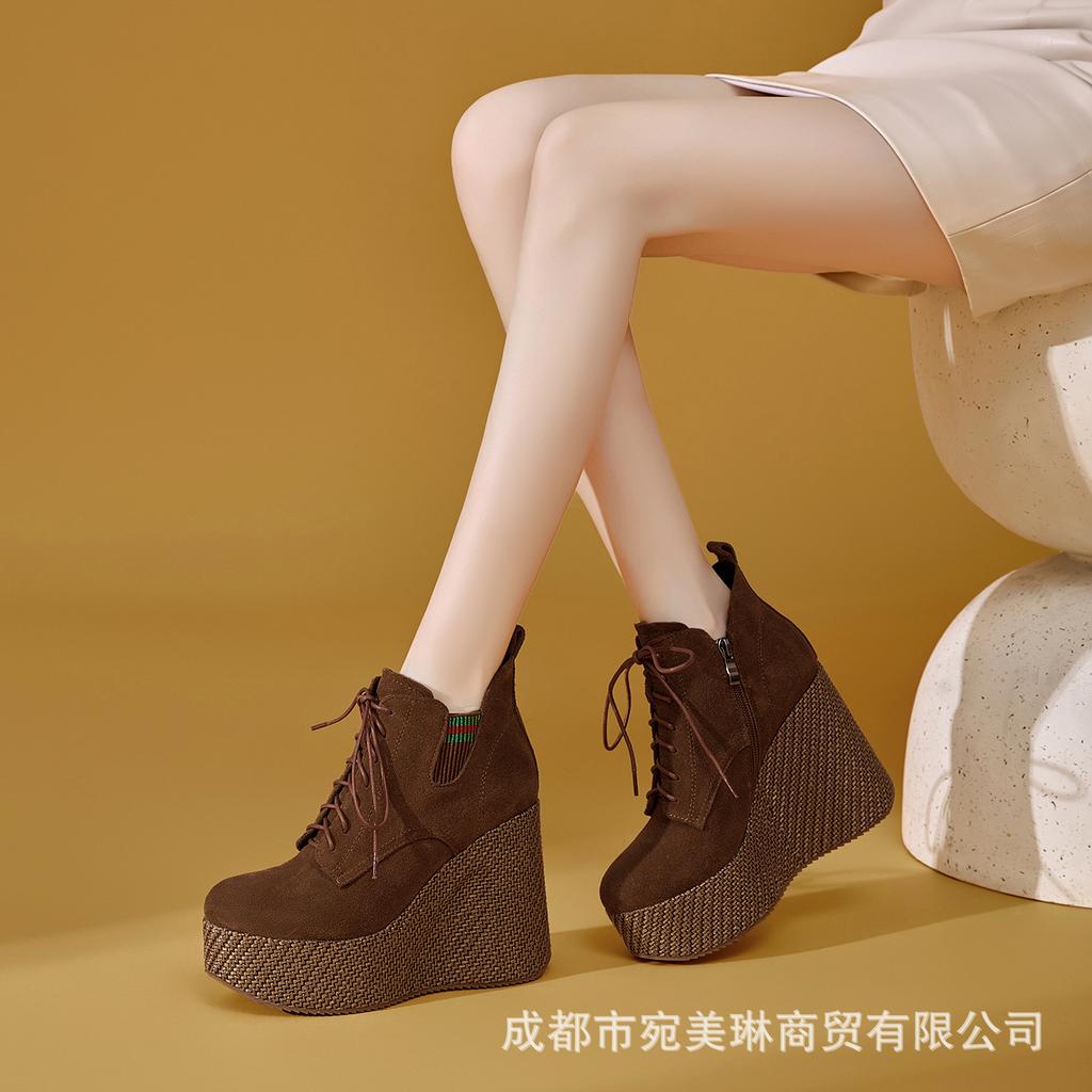 Leather wedged Martin boots women's 2025 autumn and winter new leather platform short boots retro not tired feet super high heel boots
