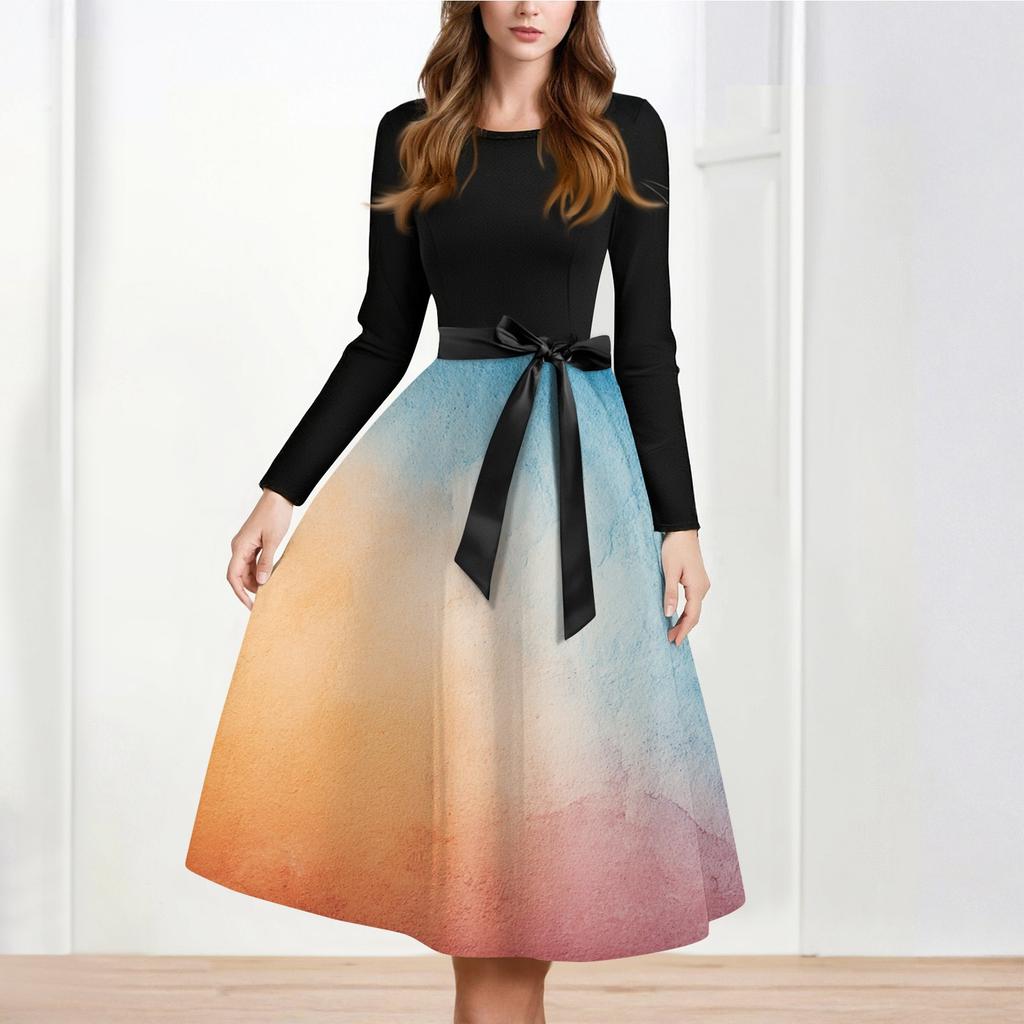 Women's Casual And Fashionable Long Sleeved R-neck Snowflake Print Dress