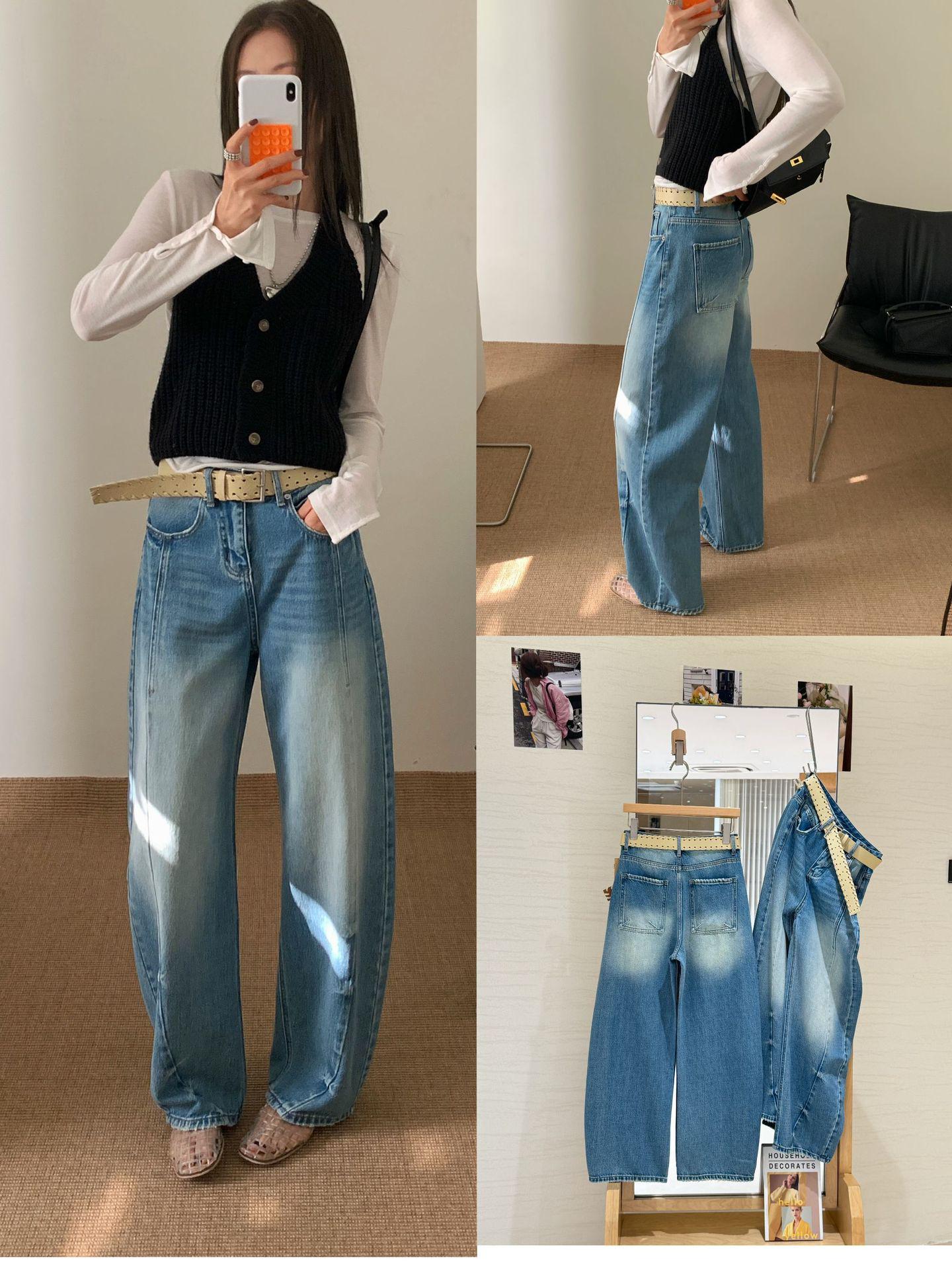 26 Spring European Style Curved Leg Light Blue Retro Washed Jeans with Belt 25