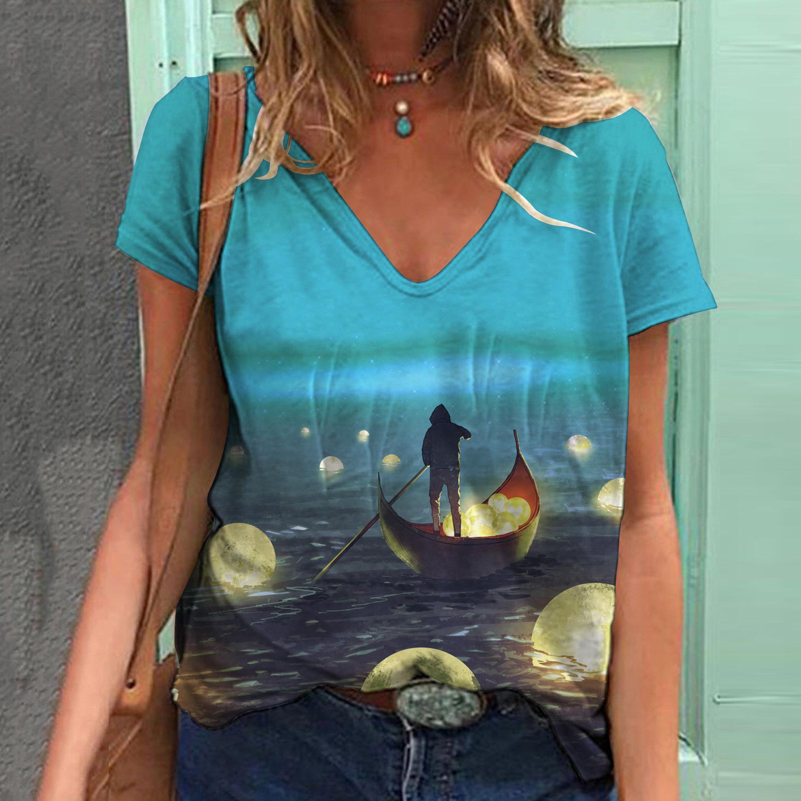 Летняя модная футболка женская контрастная строчка лунный свет цифровой 3D принт топы — фото 15