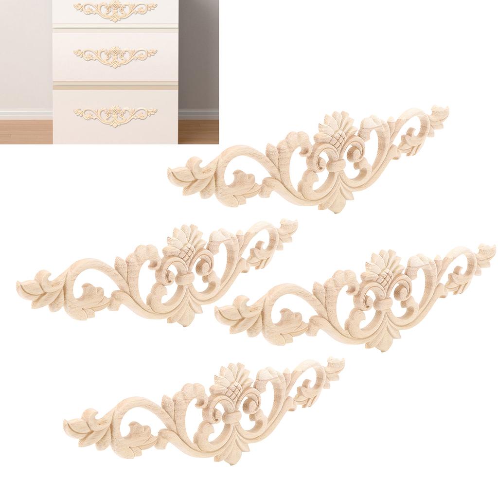  4Pcs Unpainted Wood Carved Applique 30x8cm, Rubber Wood Carving Decal for Garden Fence Furniture Decor, Customizable   Wooden Ornaments for Doors C