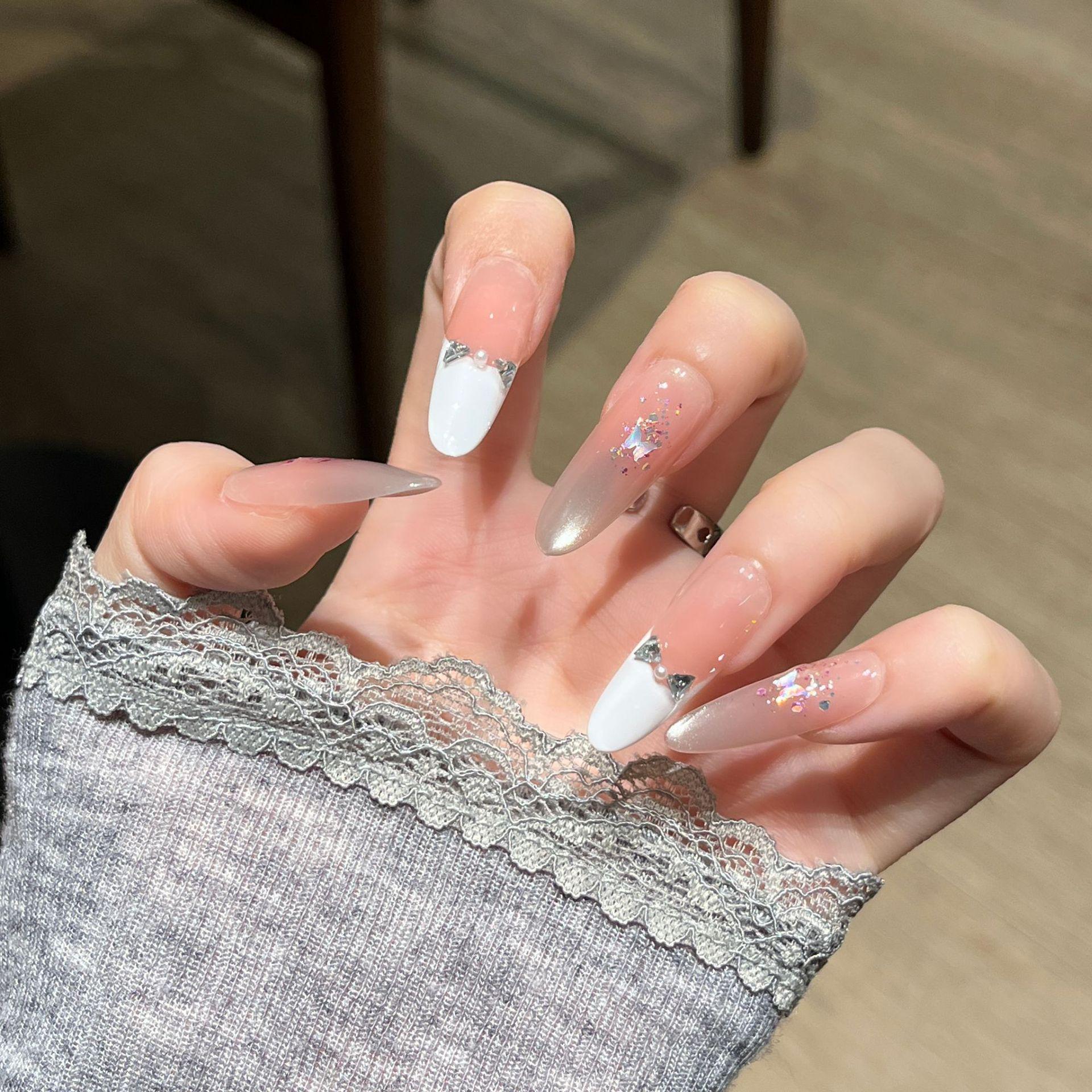 Handmade White French Long Oval Wearable Nail Tips Stickers