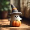 Handmade Felt Halloween Ghost Pumpkin with Wizard Hat Wool Felted Ghost Ornament for Halloween Home Shelf Desk Decor