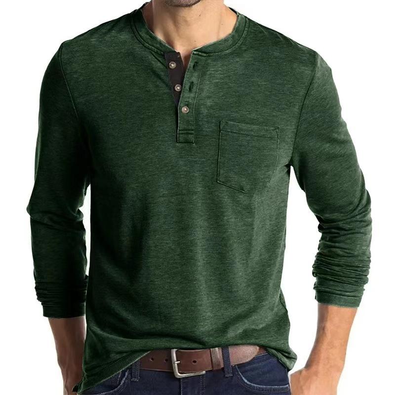 Stylish Men's Slim-Fit Long-Sleeved Henley Pocket T-Shirt Two-Tone Men's Sweatshirt Top