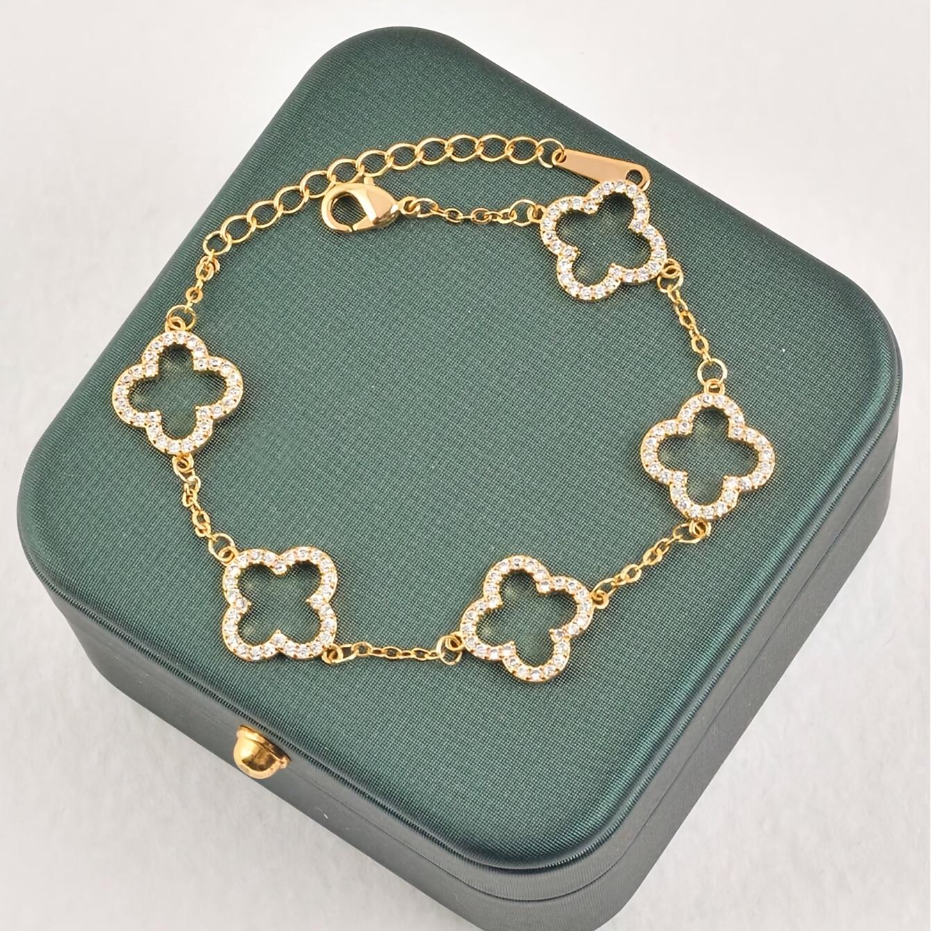 Spring Lucky Clover Bracelet for Women, Paved Zircon Four Leaf Flower Charm, Elegant French Style Simple Jewelry Gift