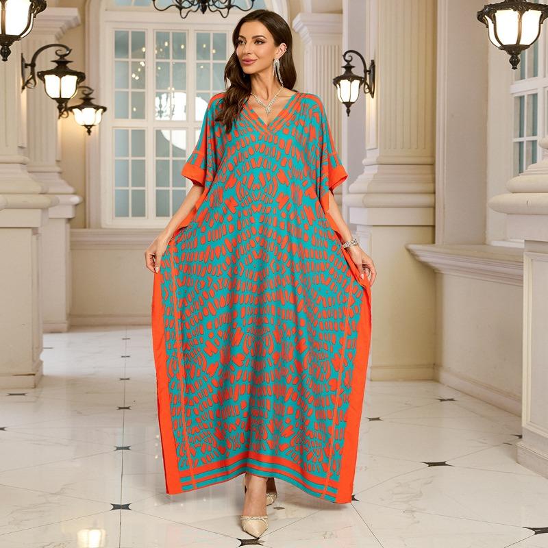 Women's Fashion Summer Spring Solid Color Print 1/2 Sleeves V-Neck Loose Waistline Casual Dresses