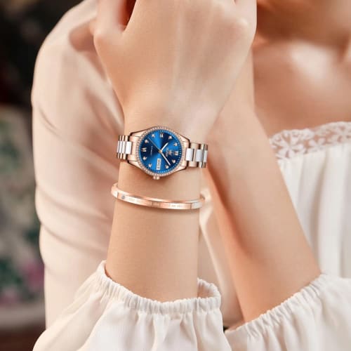 OLEVS Women's Stylish Mechanical Wristwatch with Date Display, Popular Fashionable Dial, and Bracelet, Ceramic Watch, Blue