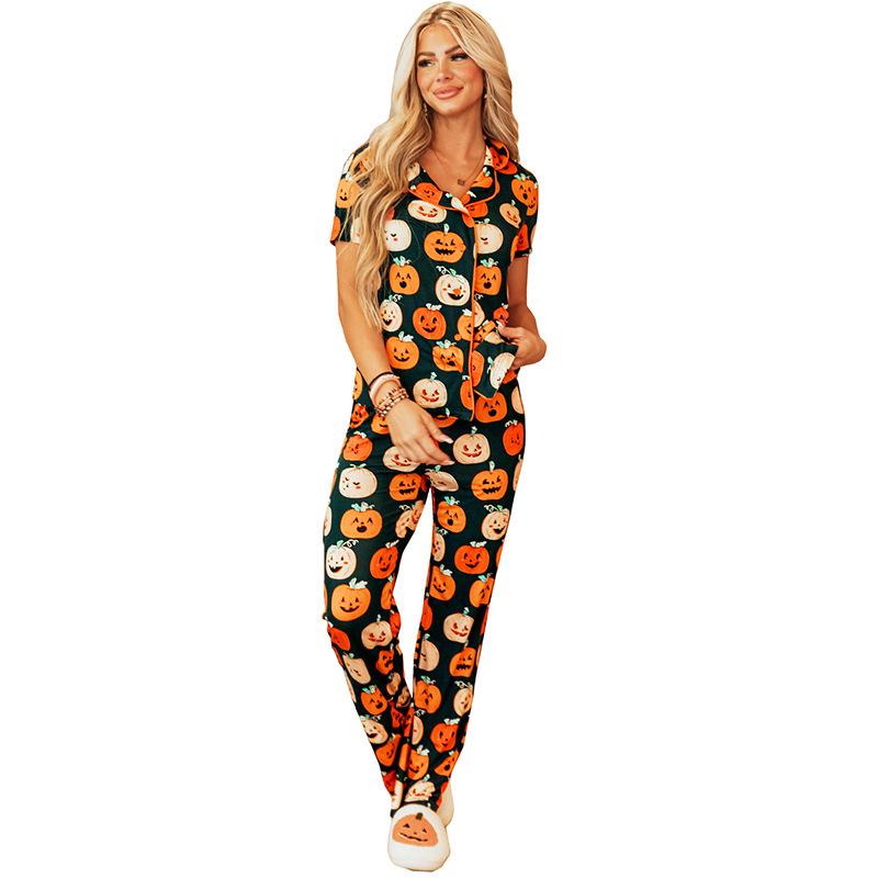 

Shiying Women s Halloween Pajama Set: Autumn Fashion Print, Short Sleeve Shirt & Long Pants Extra Large помаранчевий