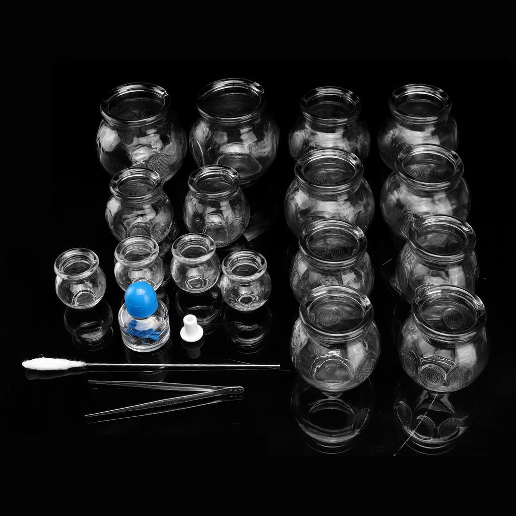 Conjunto de potes de ventosas de vidro com 16 peças, terapia de massagem a vácuo de acupuntura chinesa