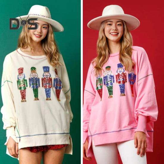 Women Sweatshirt Sequin Cartoon Pattern Slit Hem Round Neck Long Sleeves Christmas Style New Year Party Performance Top