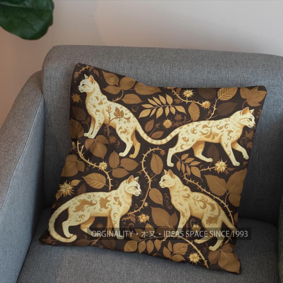 2D Golden Cats And Leaves Pattern Pillow Cover Pattern Cushion Cover Suitable For Sofa Bedroom Car Pillow Cover