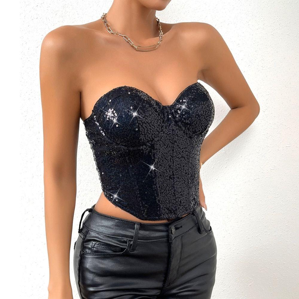 Strapless Waist Shaper Shiny Sequin Women Tube Crop Top Women's Clothing Accessories