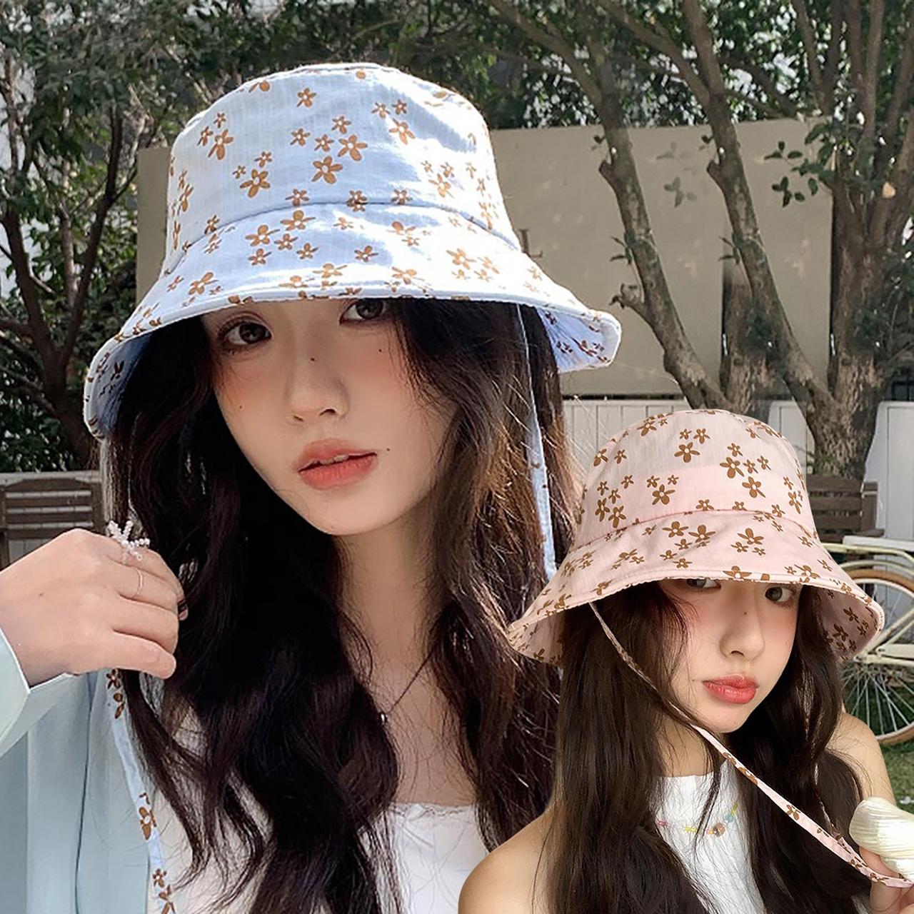 Freedom Outdoors Women's Blue Floral Print Bucket Hats For Summer Wide-Brimmed Fisherman Hat Outdoor Travel Sun Protection Basin Cap 56-58Cm