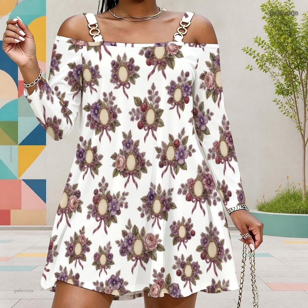 Women Plus Size Cold Shoulder Long Sleeve White Floral Printed Dress