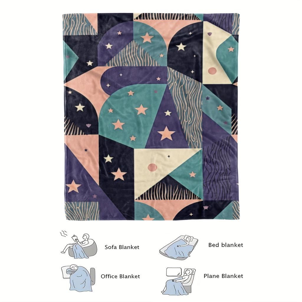 Galaxy Geometric Fleece Blanket - Soft High-Definition Digital Print, Vibrant Blue Purple Pink Teal Stars on Dark Background