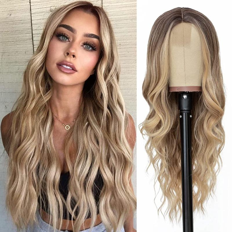 European and American new wig medium gradual change yellow long curly hair women's big wave wig rose net