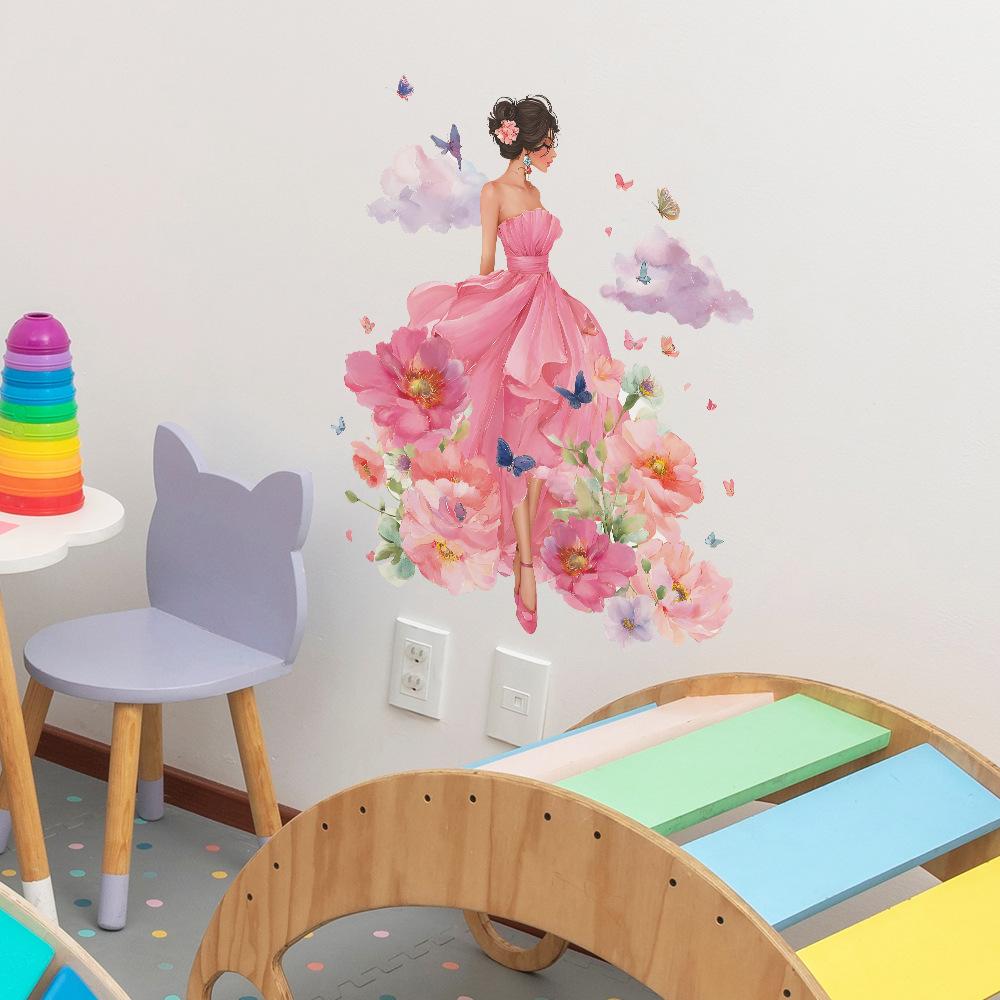 Fantastical Flower Fairy with Clouds and Butterflies Wall Sticker Enchanting Dreamy Self-Adhesive Removable Decor for Living Room Bedroom Girls Room