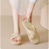 French pleated cross with thick-soled one-word cool slippers 2025 new square head versatile vacation beach flat sandals